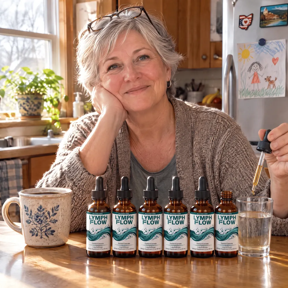 A customer at her kitchen table with five bottles of Lymph Flow